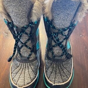Sorel children’s Gray and Teal Winter Boots with Faux Fur
